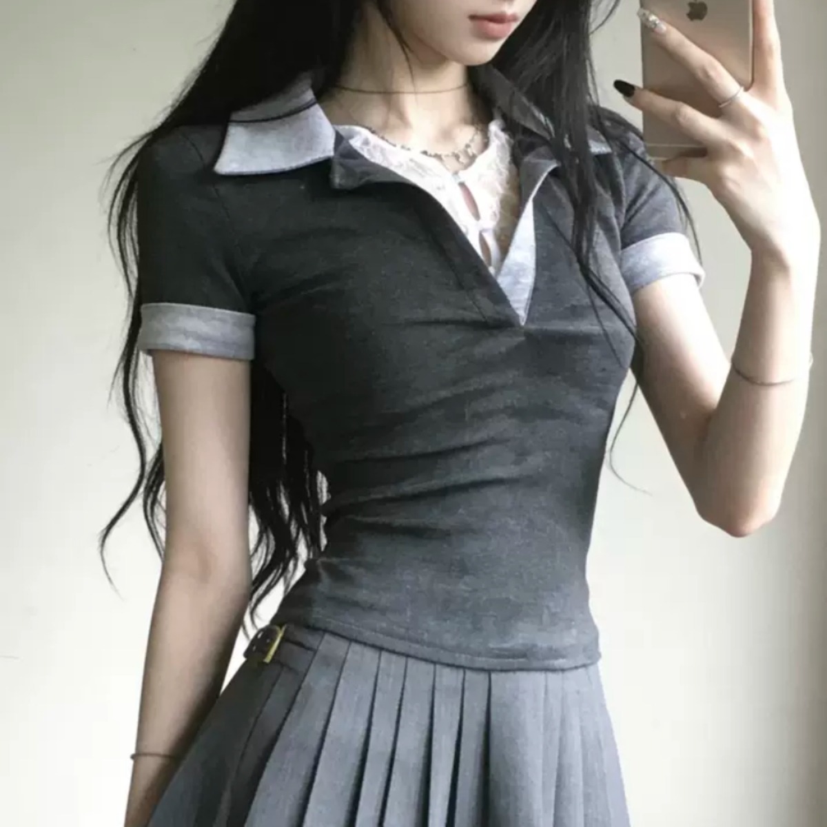 カップルペアルック クラシックグレー バイカラーポロトップス